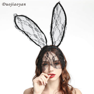 Cross-border new peony flowers rabbit ears headband black lace headdress veil Halloween accessories a wholesale