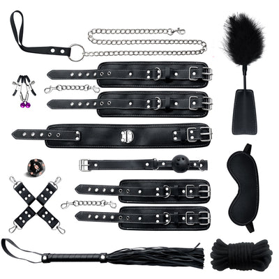 Bdsm Set Sex Toys for Woman Men Role Play Bondage Kit Erotic Cosplay Leather Handcuffs Ankle Cuff Mouth Gag Nipple Clamps Collar