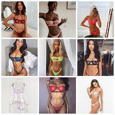 Ellolace Sexy Women Bra Set Push Up Lingerie Underwear Set Low Cup Balck Transparent Lenceria Femenina Strap Women Sexy Bra Set