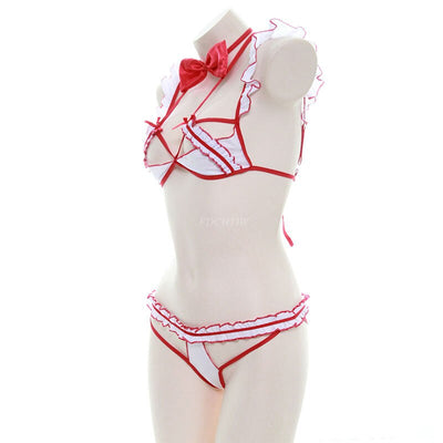 Japanese Hollow Nurse Sexy Costumes Erotic Bikini Ruffle Bandage Pajamas Set Open Cup Bra Top Bow Panties Sexy Lingerie Cosplay