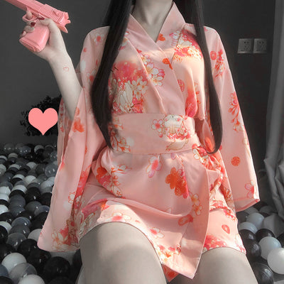 Japanese Kimono Sexy Lingerie Cosplay Outfit for Women Traditional Style Robe Yukata Costumes Pajamas Soft Silk Belt 2pcs Set