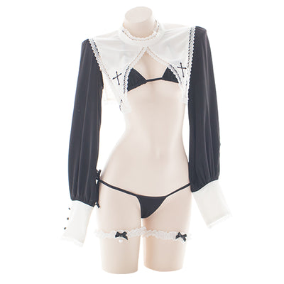Lilicochan Sexy Lingerie for Woman Maid Uniform Nun Cosplay Costumes Hot Bikini Top Hollow Long Sleeve Ultra Short Clothing