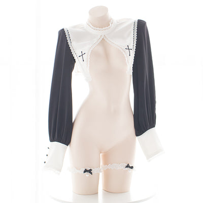 Lilicochan Sexy Lingerie for Woman Maid Uniform Nun Cosplay Costumes Hot Bikini Top Hollow Long Sleeve Ultra Short Clothing