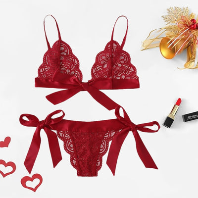 Red Lingerie Sexy Set Lace Bow Hot Women Sleepwear V Neck Transparent Bra Set Sleeveless Intimates Lace Bralette and Panties Set
