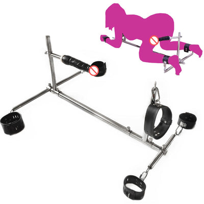 Unisex Stainless Steel Bondage Frame Leather Handcuffs Wrist Cuffs Anklet Neck Collar Dildo Dog Slaves Devices BDSM Sex Toy
