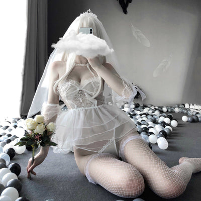 Women Babydoll Cosplay Costumes Sexy White Lace Embroidery Sleeping Bride Wedding Lingerie Dress Mens Sexy Cosplay Costums