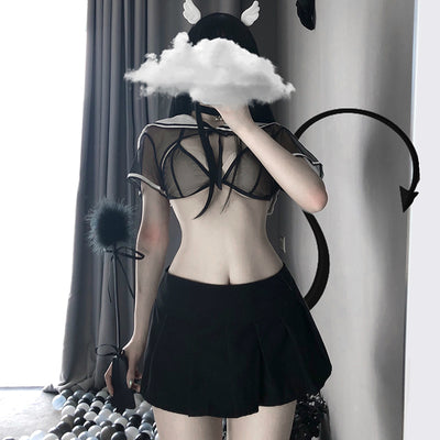 Women Sexy Lingerie Black Blue Students Uniform Sailor Lace Bunny Cosplay Bustier Costume Erotic See Through Costumes 2020
