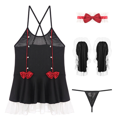 Women Sexy Lingerie Temptation Transparent Black Maid Cosplay Costumes with T Pants Gothic Mini Dress Erotic Home Wear