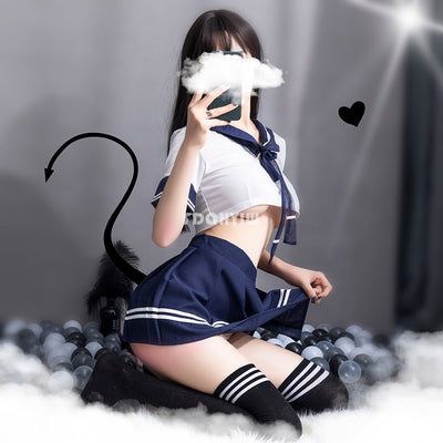 Women Sexy Lingerie Set Sailor Anime School Girl Outfit Erotic Short Top See Through Cosplay Costumes Top and Mini Skirt