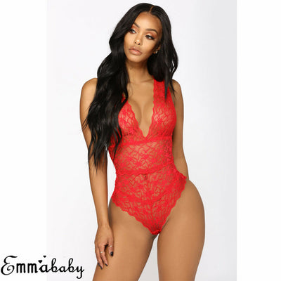 Women's Sexy Lace Floral Lingerie Bodysuits Nightwear Underwear G-string Deep V Neck Babydoll Catsuit Lingerie Sexy Hot Erotic