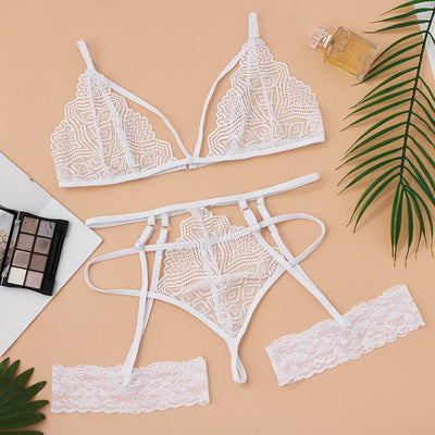 Womens Porno Bra Garter Briefs Set Sexy Lingerie Lace Embroidery G-string Thong Temptation Underwear Female Erotic Sleepwear N3