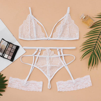 Womens Porno Bra Garter Briefs Set Sexy Lingerie Lace Embroidery G-string Thong Temptation Underwear Female Erotic Sleepwear N3